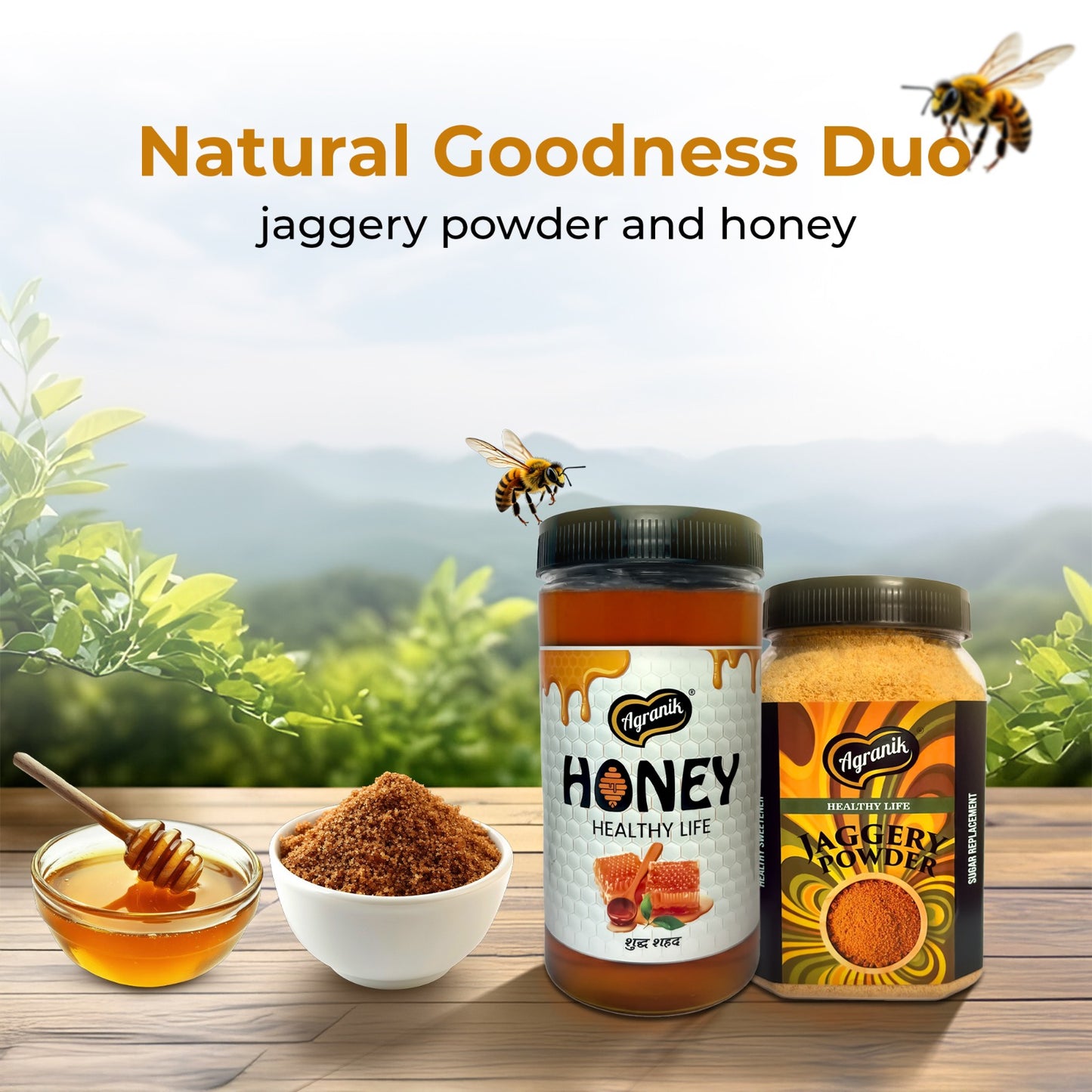 Agranik Sweetener Dual Combo Pure Jaggery Powder + Himalayan Honey | Goodness of Natural Sweeteners, 100% Chemical Free and Naturally Processed (700G Jaggery Powder  +  450G Honey)