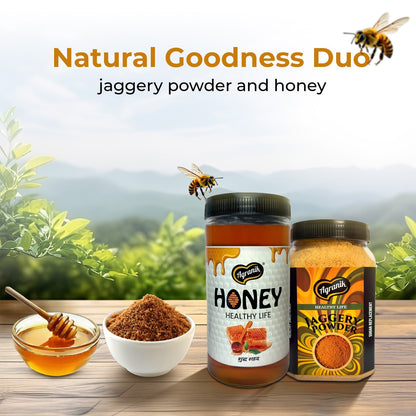 Agranik Sweetener Dual Combo Pure Jaggery Powder + Himalayan Honey | Goodness of Natural Sweeteners, 100% Chemical Free and Naturally Processed (700G Jaggery Powder  +  450G Honey)