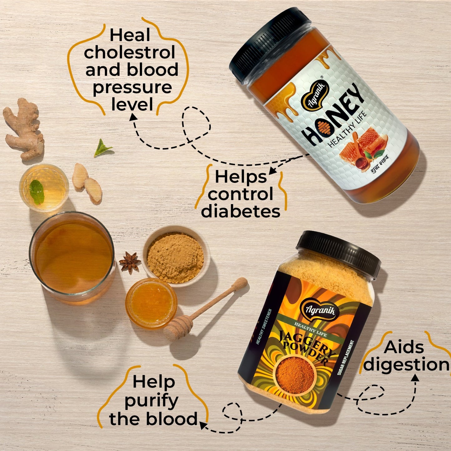 Agranik Sweetener Dual Combo Pure Jaggery Powder + Himalayan Honey | Goodness of Natural Sweeteners, 100% Chemical Free and Naturally Processed (700G Jaggery Powder  +  450G Honey)