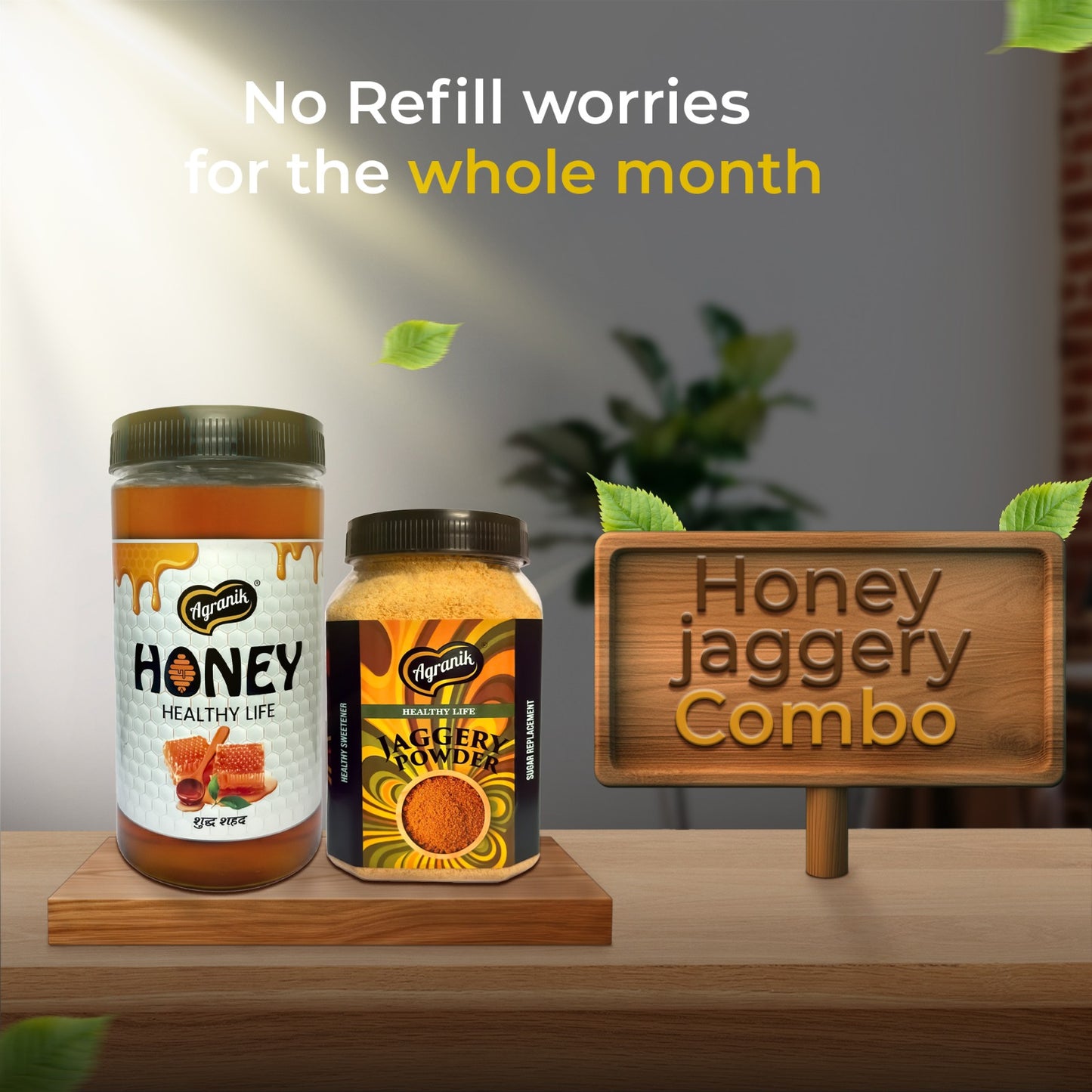 Agranik Sweetener Dual Combo Pure Jaggery Powder + Himalayan Honey | Goodness of Natural Sweeteners, 100% Chemical Free and Naturally Processed (700G Jaggery Powder  +  450G Honey)