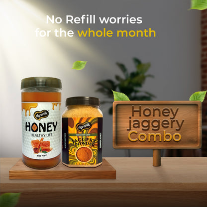 Agranik Sweetener Dual Combo Pure Jaggery Powder + Himalayan Honey | Goodness of Natural Sweeteners, 100% Chemical Free and Naturally Processed (700G Jaggery Powder  +  450G Honey)
