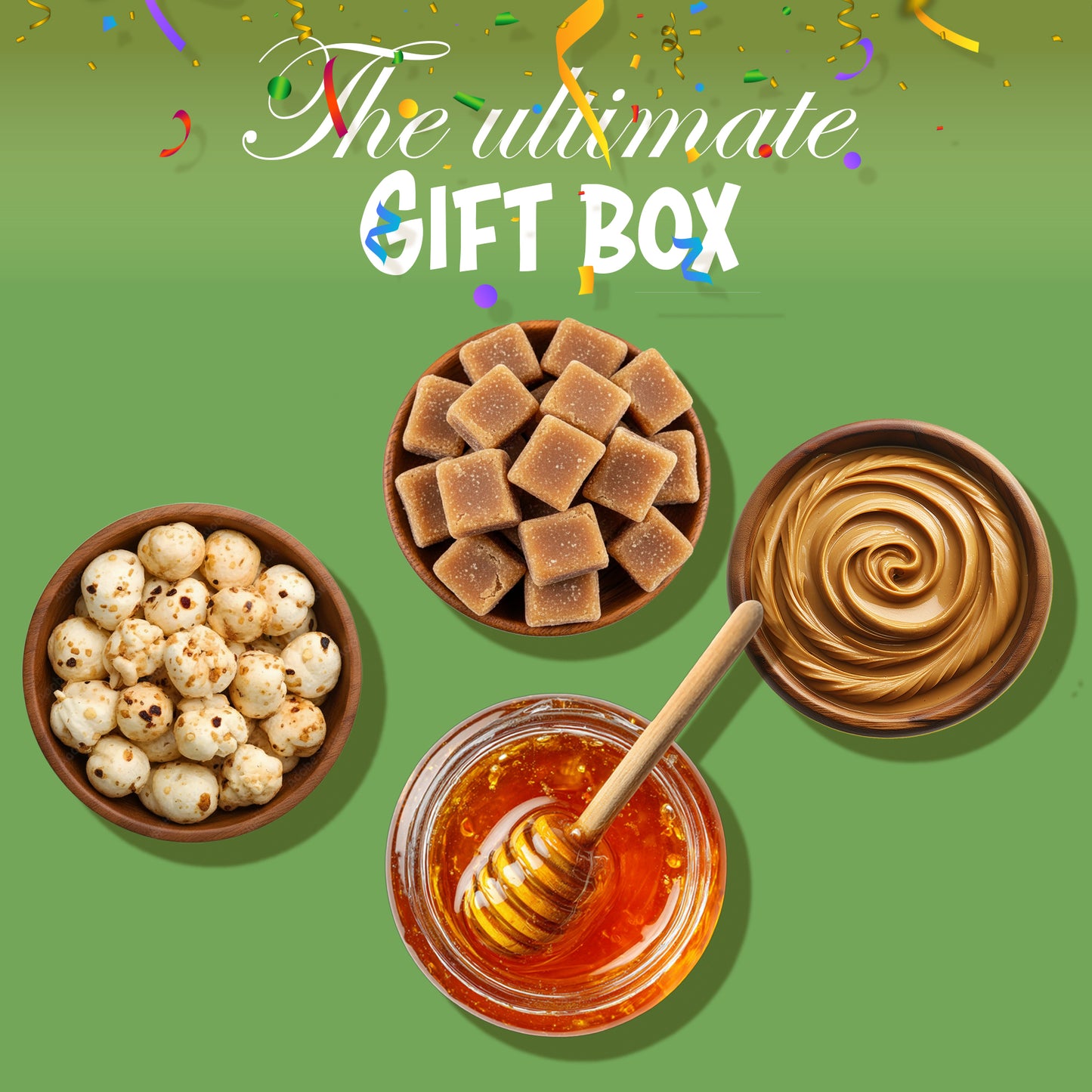 Agranik Celebration Gift Pack, Roasted Makhana, Peanut Butter, Natural Honey and Jaggery Cubes and | Ultimate Snacks and Sweeterner Pack For Gifting- 1427gm
