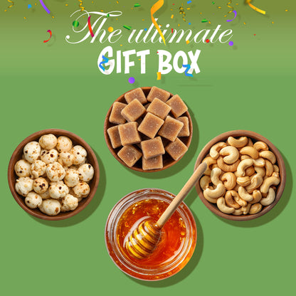 Agranik Celebration Gift Pack, Roasted Makhana, Cashew Jaggery Cubes and Natural | Ultimate Snacks and Sweeterner Pack For Gifting- 1258gm