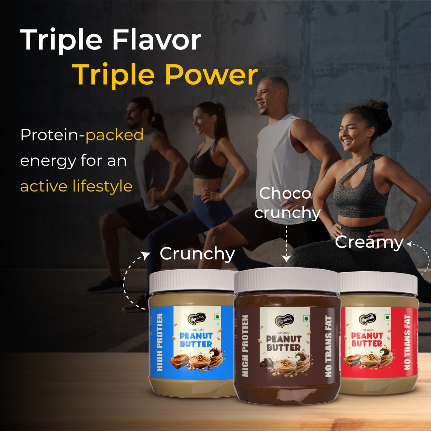 Agranik High Protein Peanut Butter Combo Crunchy + Creamy + Choco Crunchy Flavour| No Palm Oil, No Preservatives | Healthy Spread for Daily Use with Natural Goodness - Pack of 3 (340G x 3)