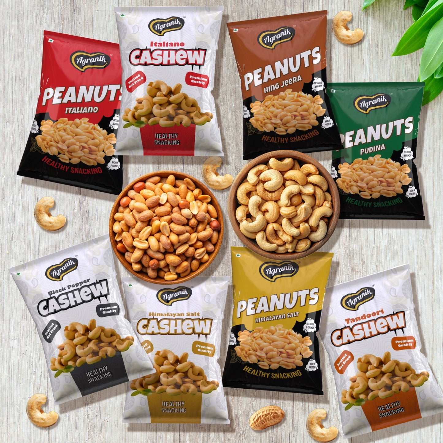 Agranik Healthy Snack Combo Roasted Cashew + Roasted Peanuts Multiflavour Combo | No Palm Oil, No Preservatives | High Protein Snack for Anytime Snacking - Pack of 8 (75G x 4 Peanuts + 50G x 4 Cashews)