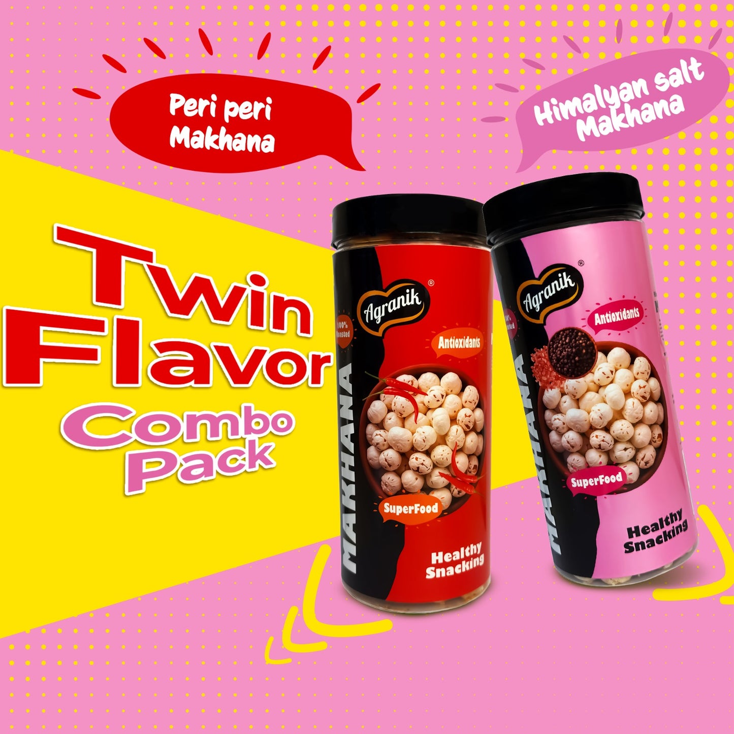 Agranik Healthy Snack Roasted Makhana peri-peri and himalayan salt Flavour | Goodness of Olive Oil, Low Calorie, High Protein Snack for Anytime Snacking (79g+79g)