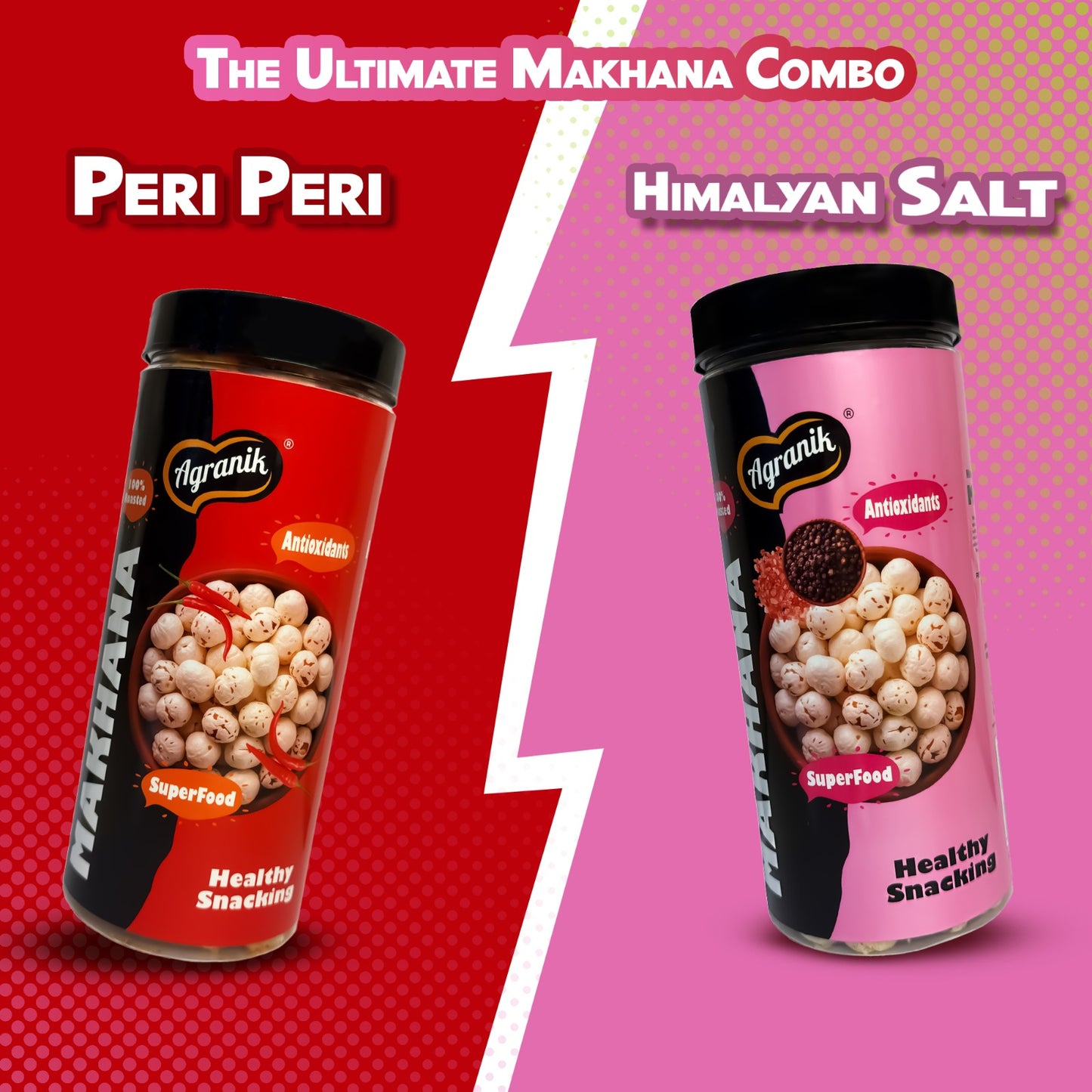 Agranik Healthy Snack Roasted Makhana peri-peri and himalayan salt Flavour | Goodness of Olive Oil, Low Calorie, High Protein Snack for Anytime Snacking (79g+79g)