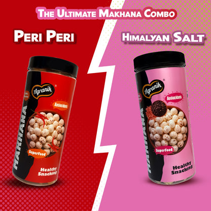 Agranik Healthy Snack Roasted Makhana peri-peri and himalayan salt Flavour | Goodness of Olive Oil, Low Calorie, High Protein Snack for Anytime Snacking (79g+79g)