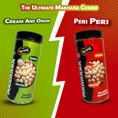 Agranik Healthy Snack Roasted Makhana peri-peri and Cream&Onion Flavour | Goodness of Olive Oil, Low Calorie, High Protein Snack for Anytime Snacking (79g+79g)