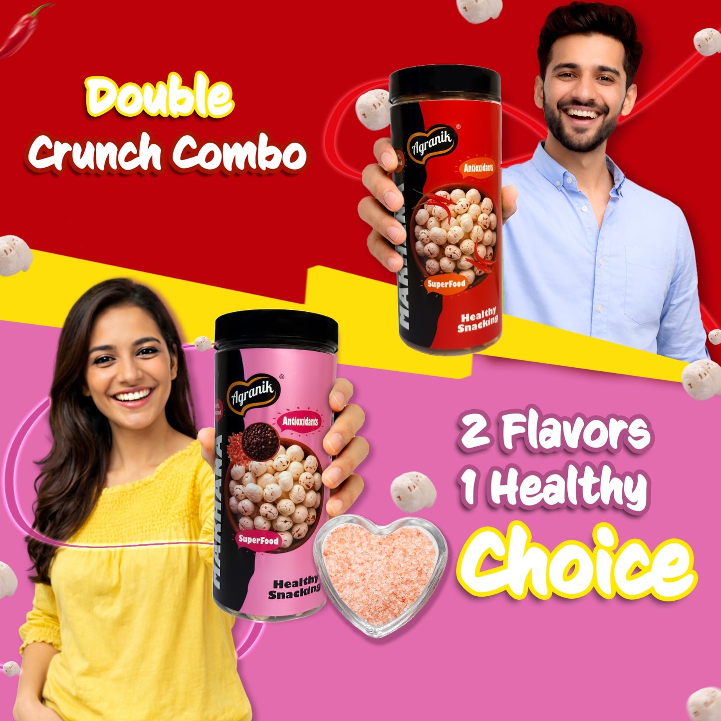 Agranik Healthy Snack Roasted Makhana peri-peri and himalayan salt Flavour | Goodness of Olive Oil, Low Calorie, High Protein Snack for Anytime Snacking (79g+79g)