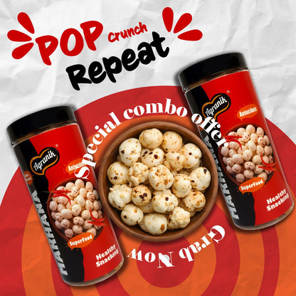 Agranik Healthy snack Roasted Makhana Combo Peri Peri|Goodness of Olive Oil, Low Calorie High Protein Snack For Anytime Snacking - Pack of 2 (79g+79g)