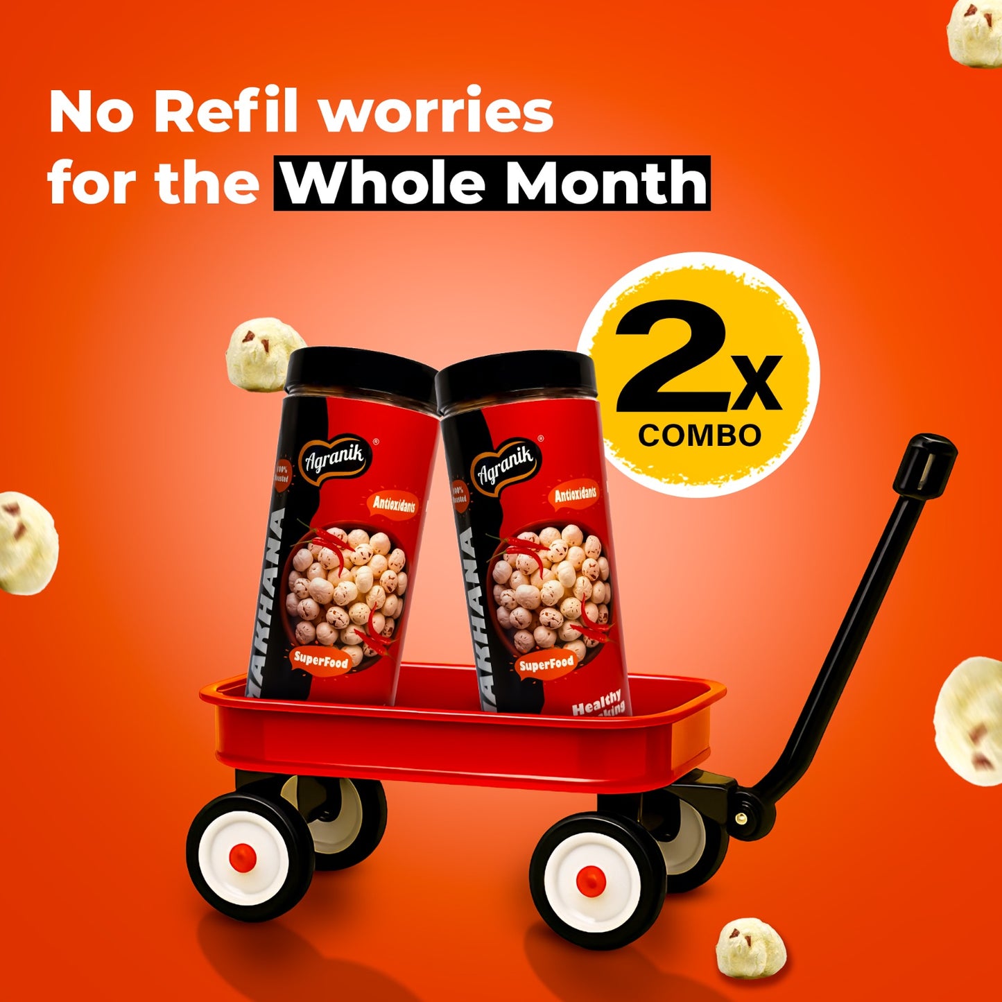 Agranik Healthy snack Roasted Makhana Combo Peri Peri|Goodness of Olive Oil, Low Calorie High Protein Snack For Anytime Snacking - Pack of 2 (79g+79g)