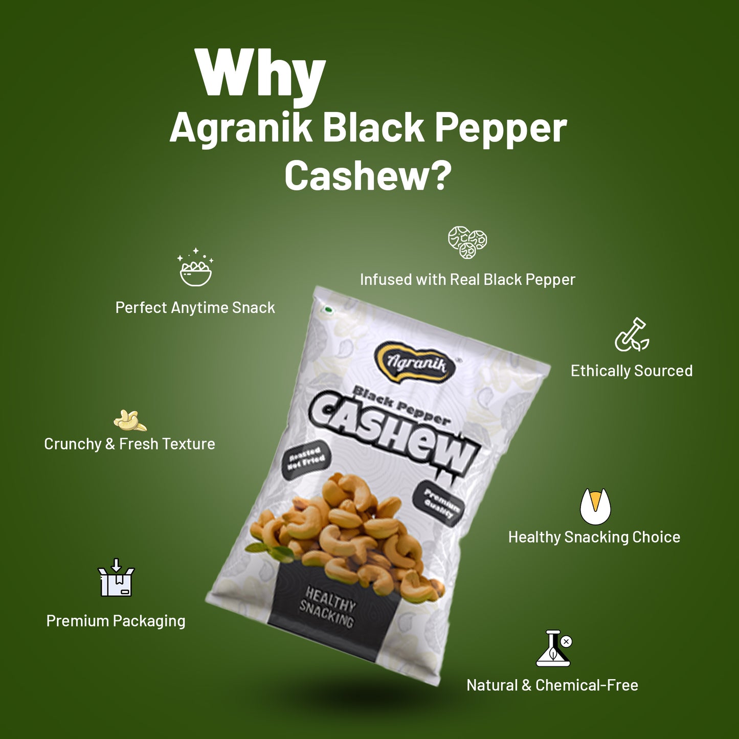 Agranik Black Pepper Flavored Roasted Cashew High Protein Super Tasty Rich Crunch Healthy Snack-39g